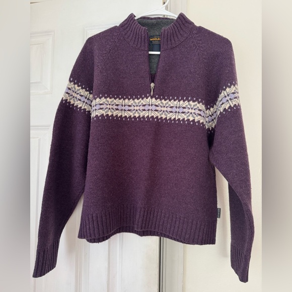 WOOLRICH Amethyst Purple Nordic Fair Isle Lambswool Quarter Zip Sweater M - Picture 1 of 12